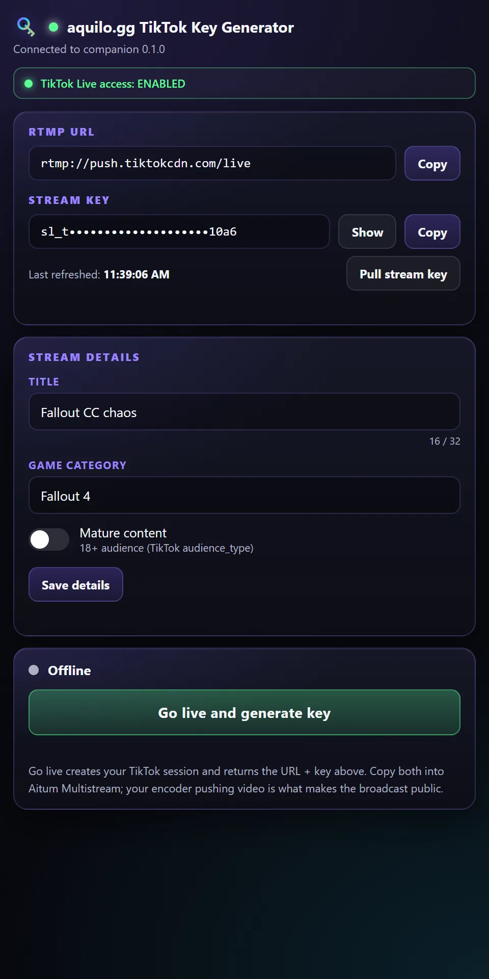 The TikTok Key Generator dock in OBS